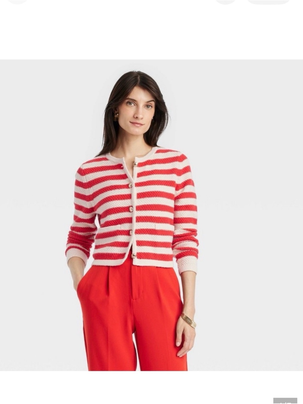 Red and cream cropped striped sweater cardigan